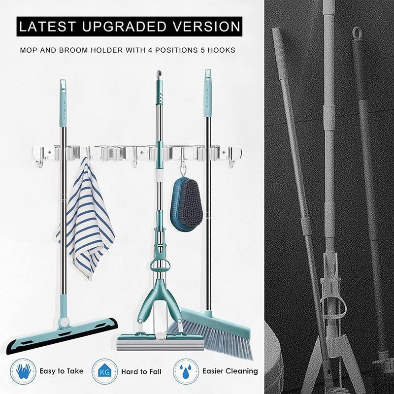 Mop Holder Wall Mount: 4 Hooks, 3 Slots Organizer
