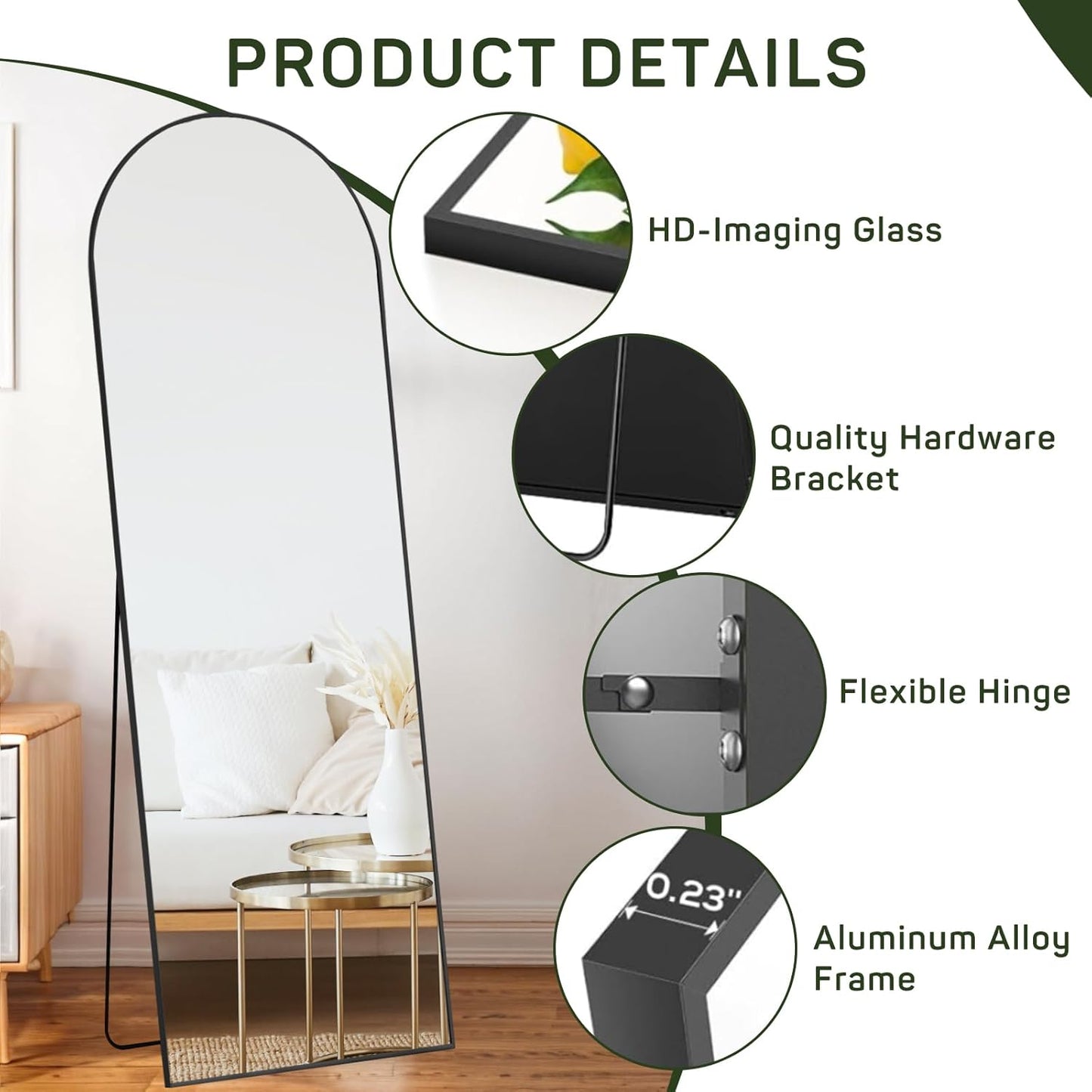 Full-Length Mirror Arched 16"x59" Shatter-Proof Design