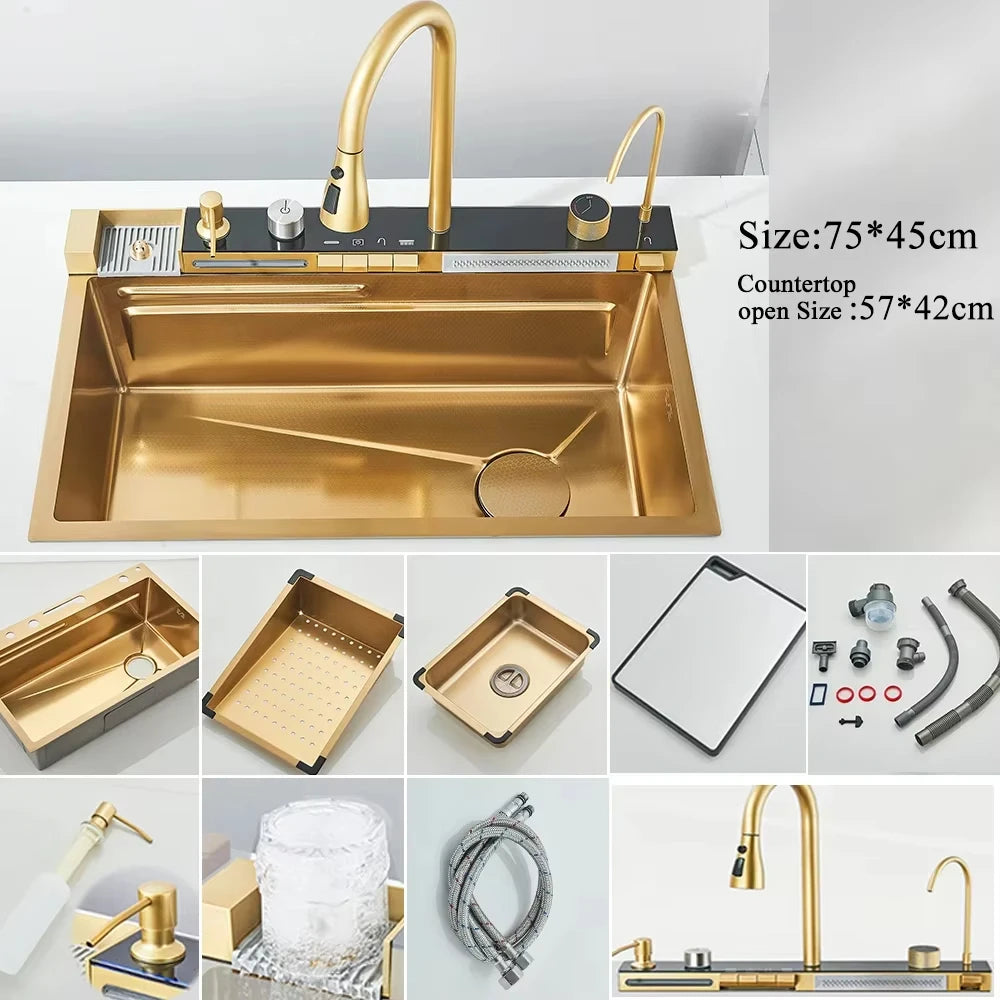 304 Stainless Steel Waterfall Sink with Digital Faucet & Soap Dispenser
