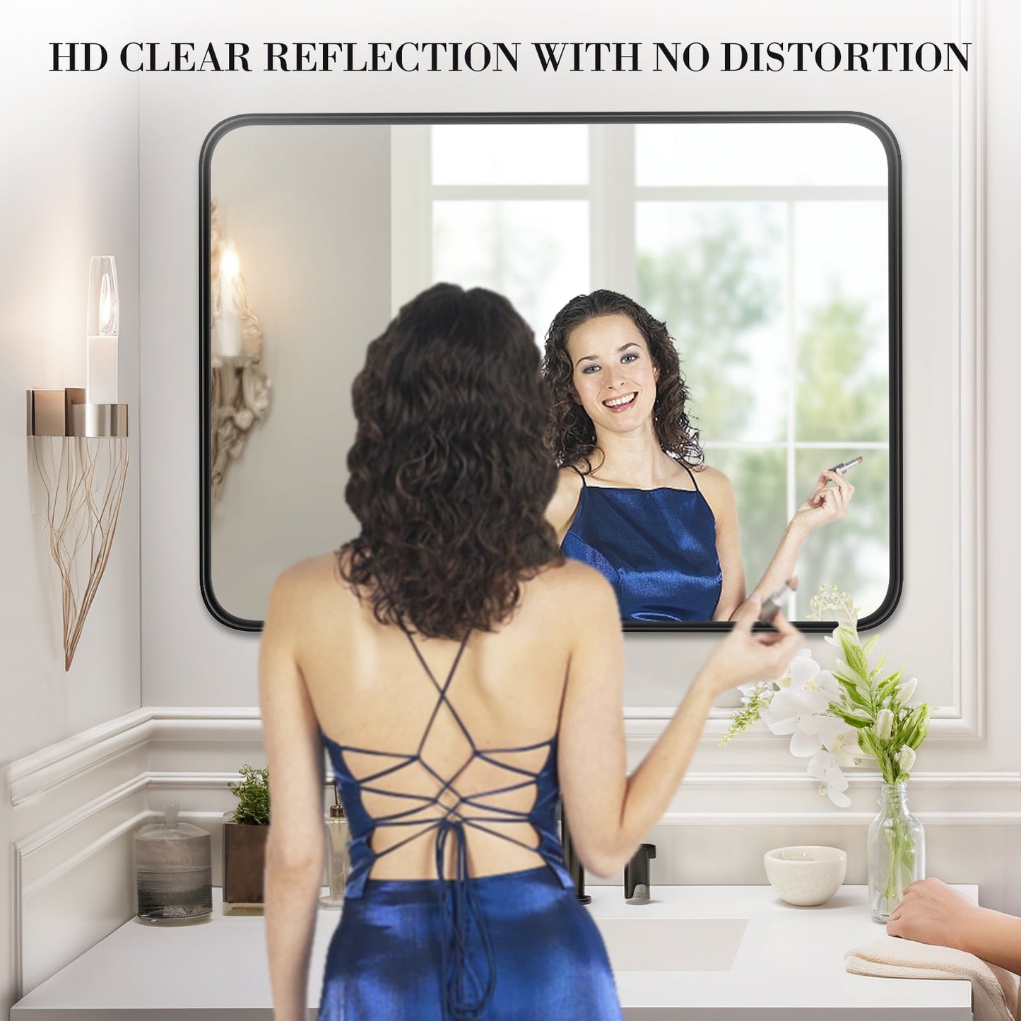 Bathroom Mirror 30"x22" Matte Black Rounded Rectangle