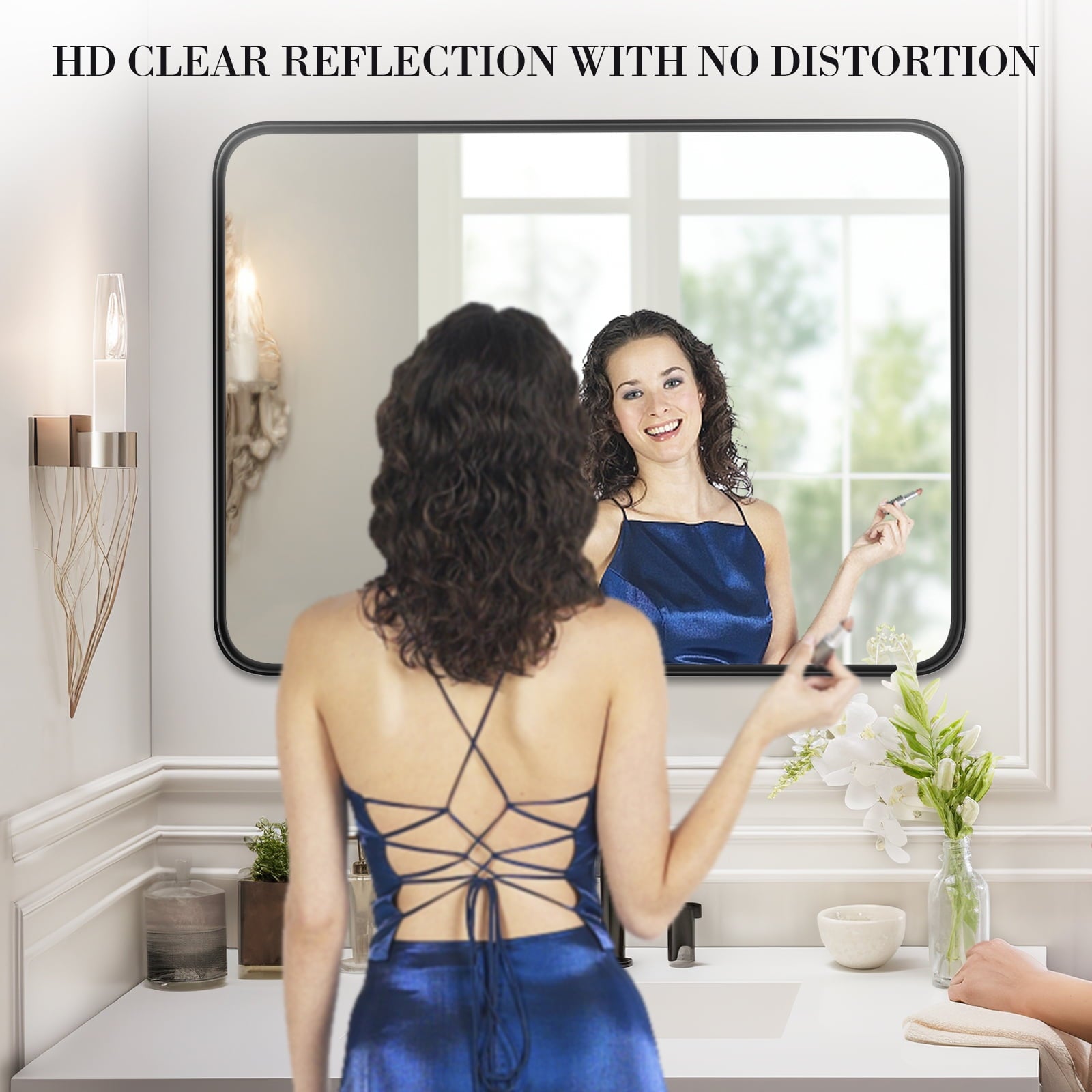 Bathroom Mirror 30"x22" Matte Black Rounded Rectangle