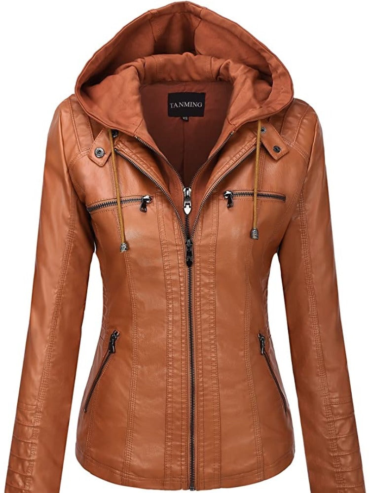 Women's Hooded Leather Jacket Set - Removable & Stylish