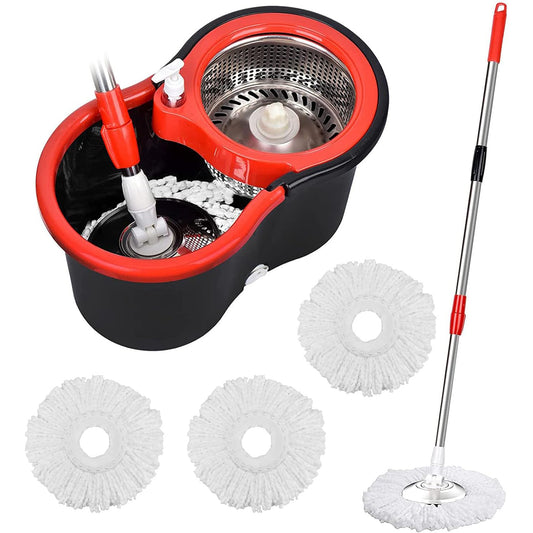 360° Spin Mop Set: Stainless Steel, 3 Microfiber Heads, 61" Handle
