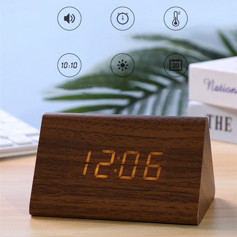 Digital Clock LED Wood Clock: Triangle Digital Alarm & Temp Display