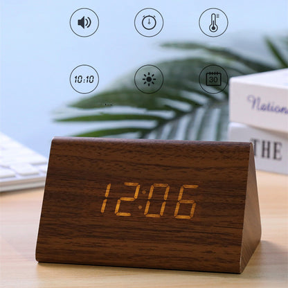 Digital Clock LED Wood Clock: Triangle Digital Alarm & Temp Display