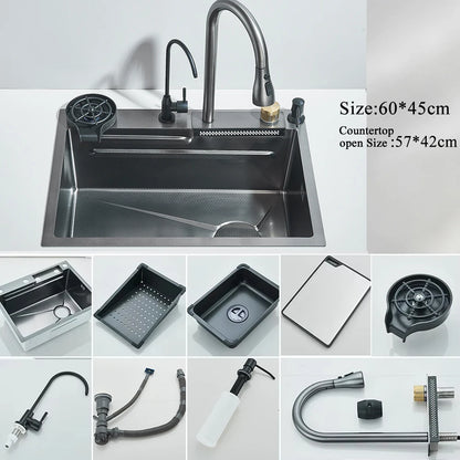304 Stainless Steel Waterfall Sink with Digital Faucet & Soap Dispenser