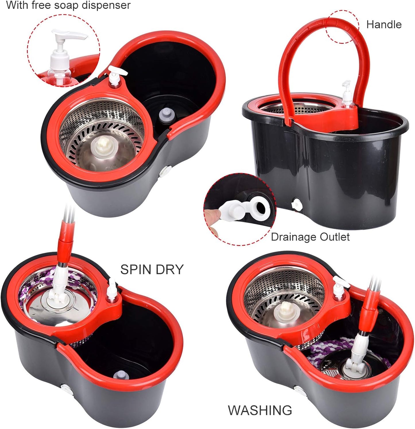360° Spin Mop Set: Stainless Steel, 3 Microfiber Heads, 61" Handle