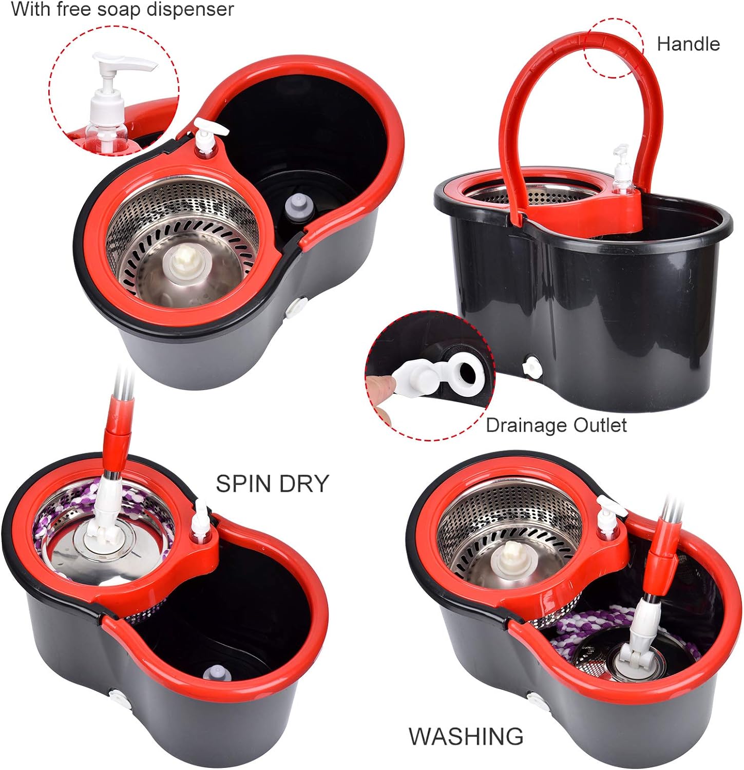 360° Spin Mop Set: Stainless Steel, 3 Microfiber Heads, 61" Handle