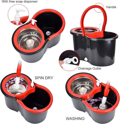 360° Spin Mop Set: Stainless Steel, 3 Microfiber Heads, 61" Handle