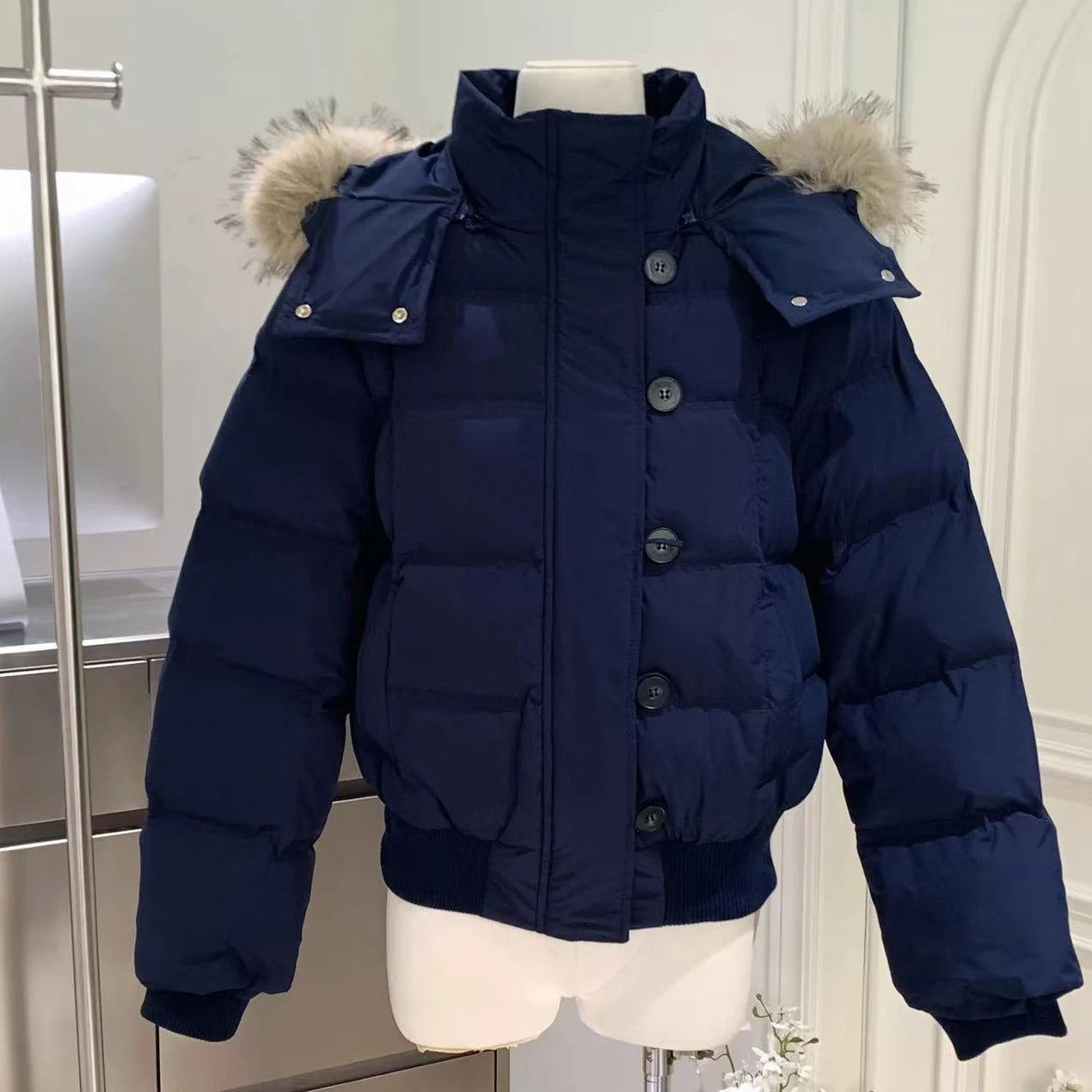 Women's Fur Hooded Winter Jacket - Slim Fit Puffer Coat