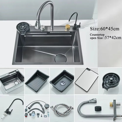 304 Stainless Steel Waterfall Sink with Digital Faucet & Soap Dispenser