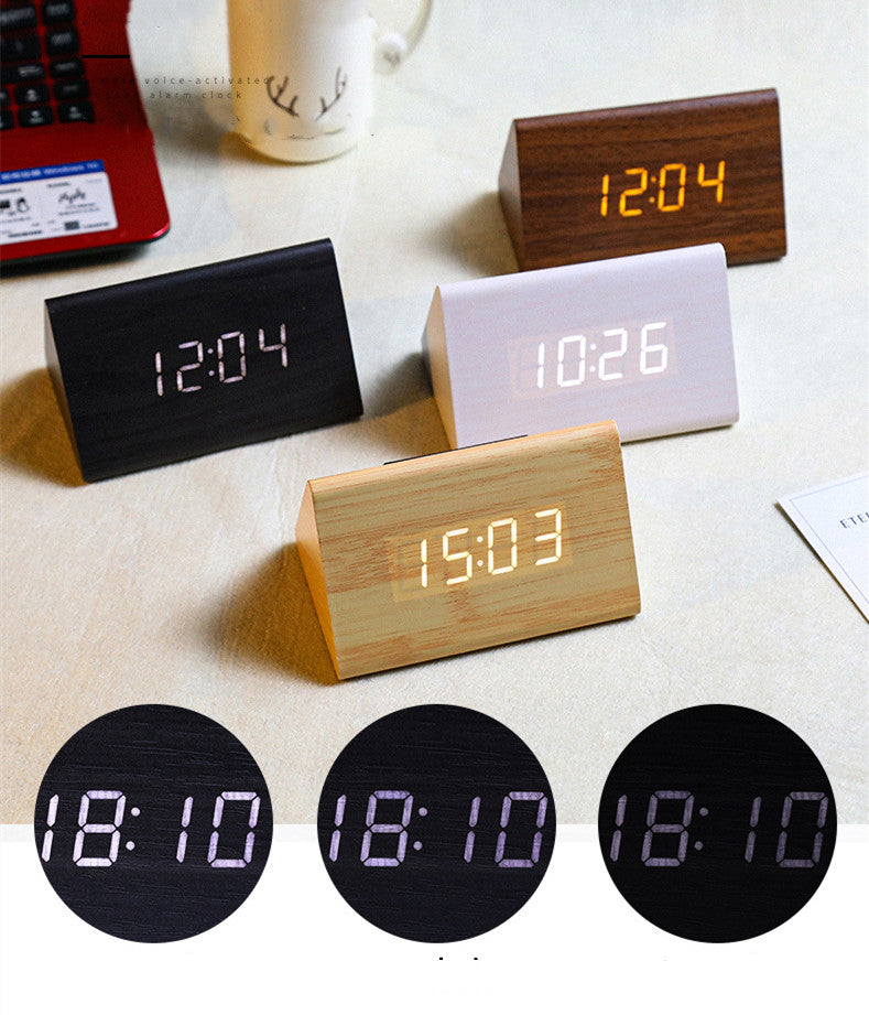 Digital Clock LED Wood Clock: Triangle Digital Alarm & Temp Display