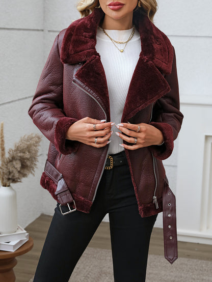 Fitaylor Women's Faux Fur Leather Jacket - Warm Winter Coat