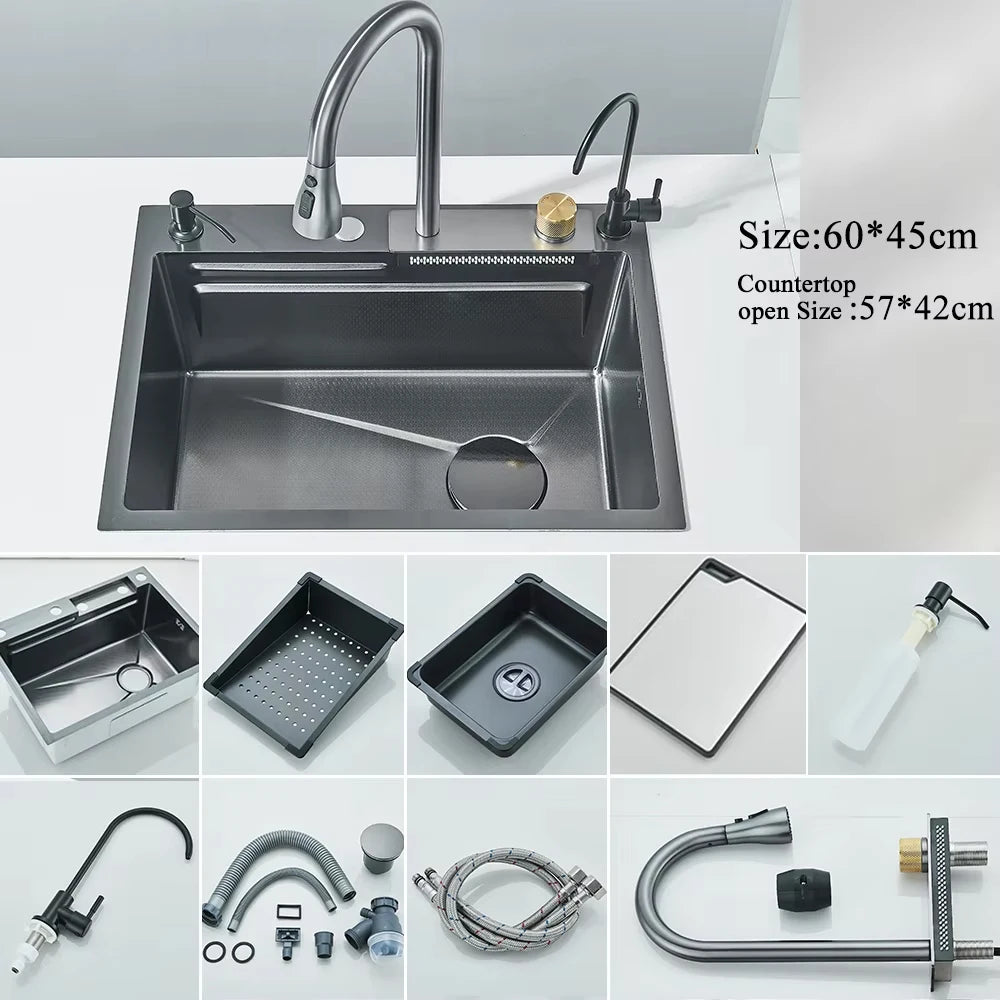 304 Stainless Steel Waterfall Sink with Digital Faucet & Soap Dispenser