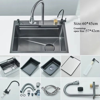 304 Stainless Steel Waterfall Sink with Digital Faucet & Soap Dispenser