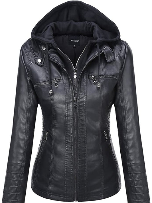 Women's Hooded Leather Jacket Set - Removable & Stylish