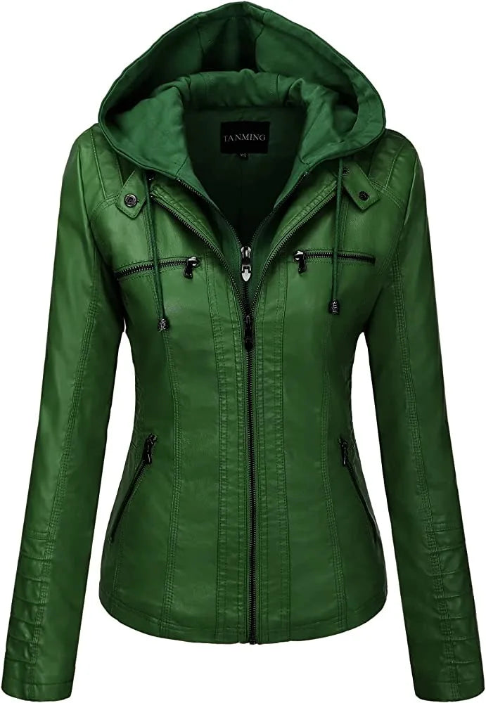 Women's Hooded Leather Jacket Set - Removable & Stylish