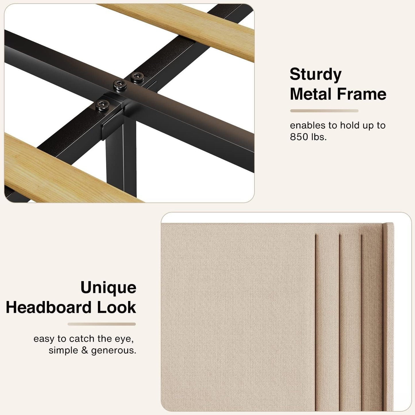 Full Bed Frame with Wingback Headboard - Noise-Free Comfort