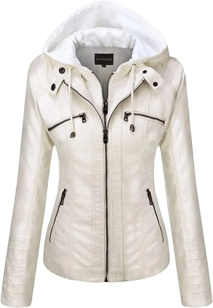 Women's Hooded Leather Jacket Set - Removable & Stylish