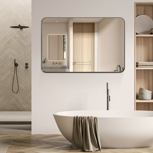 Bathroom Mirror 30"x22" Matte Black Rounded Rectangle