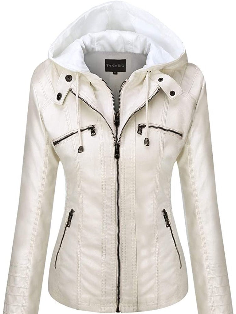 Women's Hooded Leather Jacket Set - Removable & Stylish