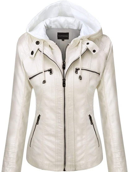 Women's Hooded Leather Jacket Set - Removable & Stylish