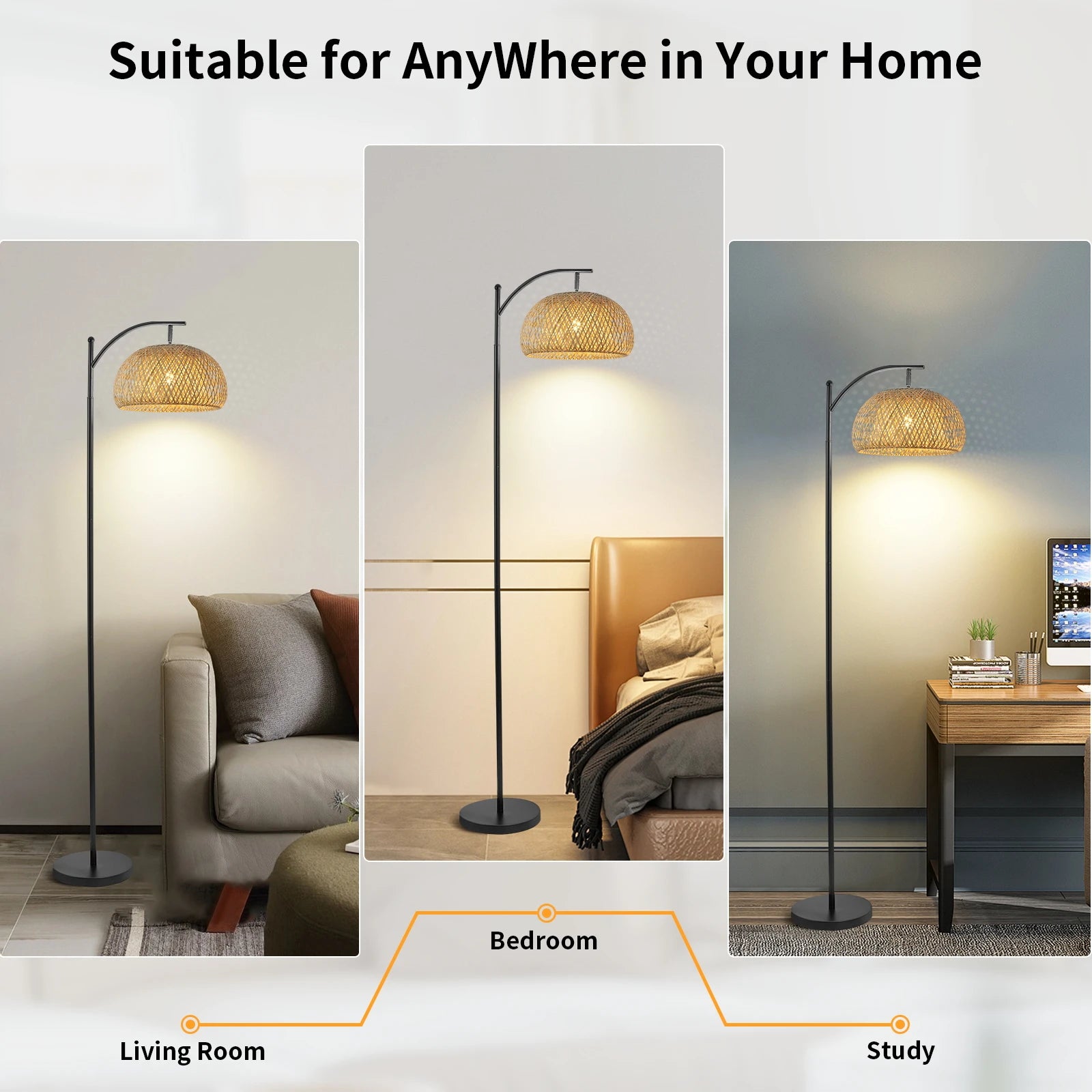 Bamboo Woven Floor Lamp: Adjustable Head, Remote & Pedal Switch