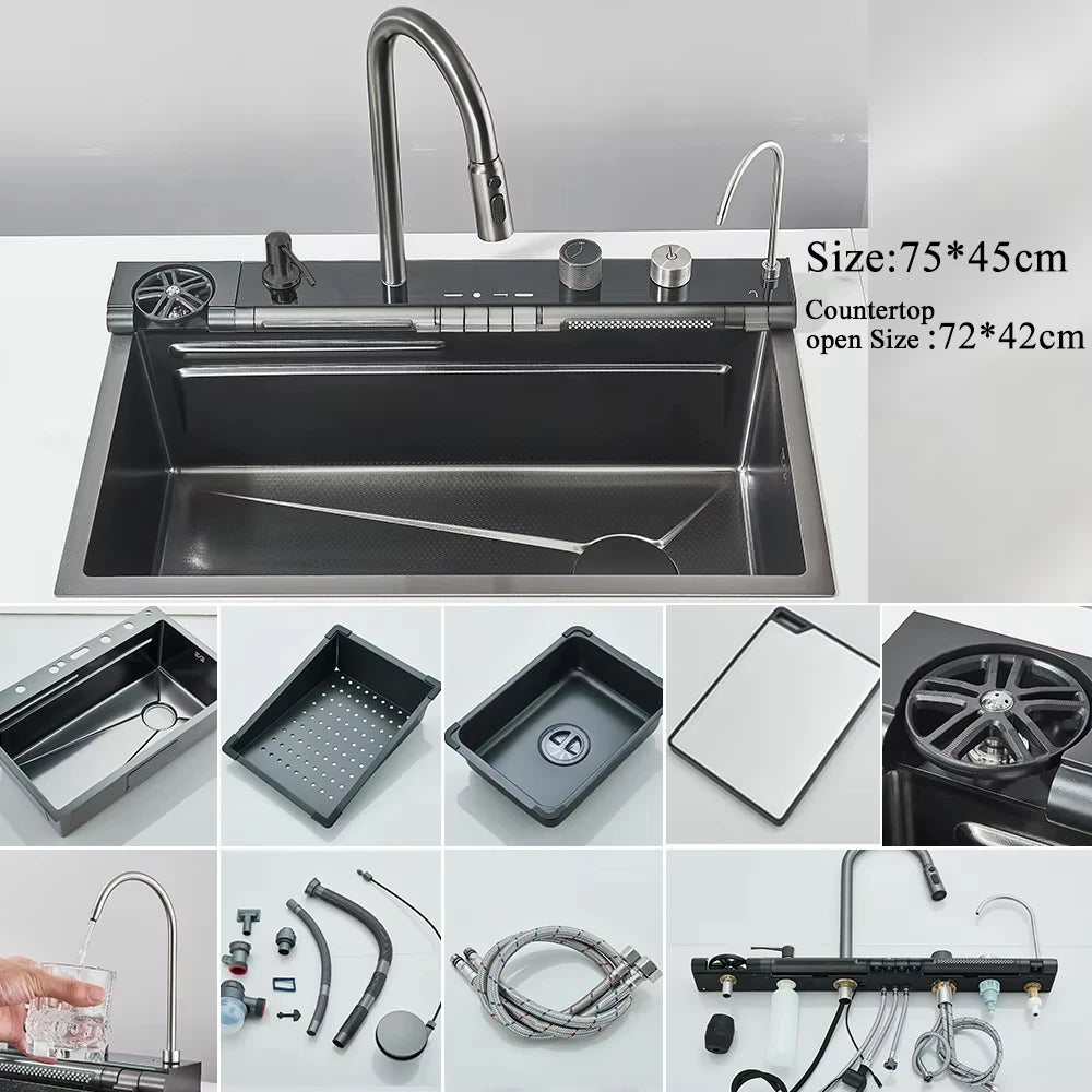 304 Stainless Steel Waterfall Sink with Digital Faucet & Soap Dispenser