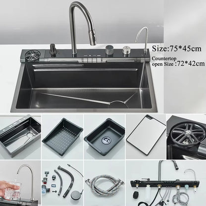 304 Stainless Steel Waterfall Sink with Digital Faucet & Soap Dispenser