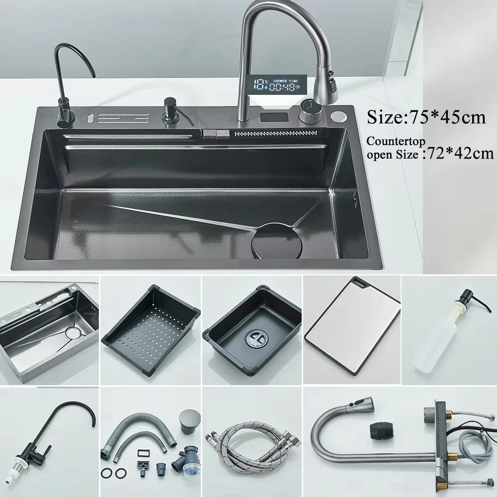 304 Stainless Steel Waterfall Sink with Digital Faucet & Soap Dispenser