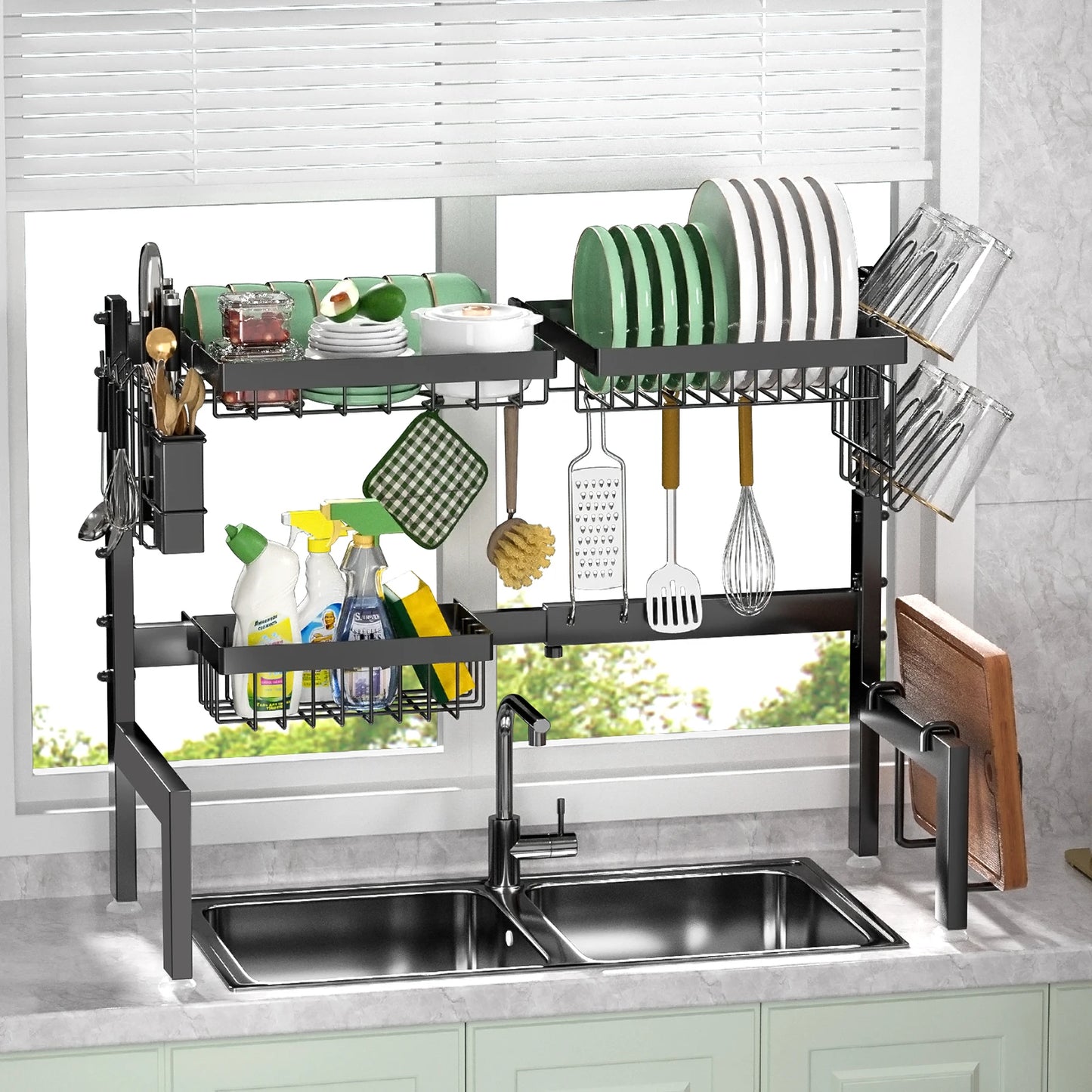 Over Sink Dish Drying Rack - Adjustable, Rust-Proof, Black