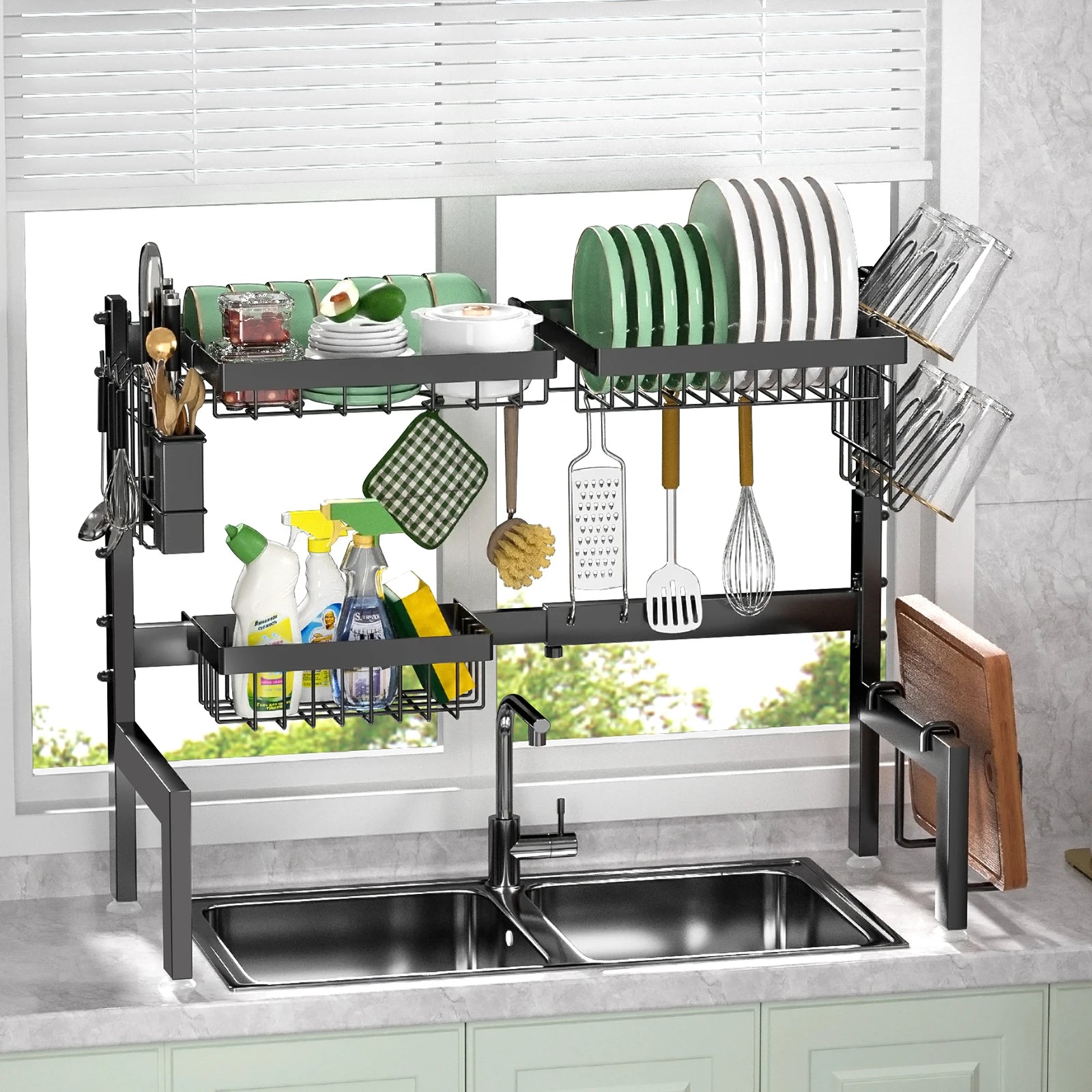 Over Sink Dish Drying Rack - Adjustable, Rust-Proof, Black