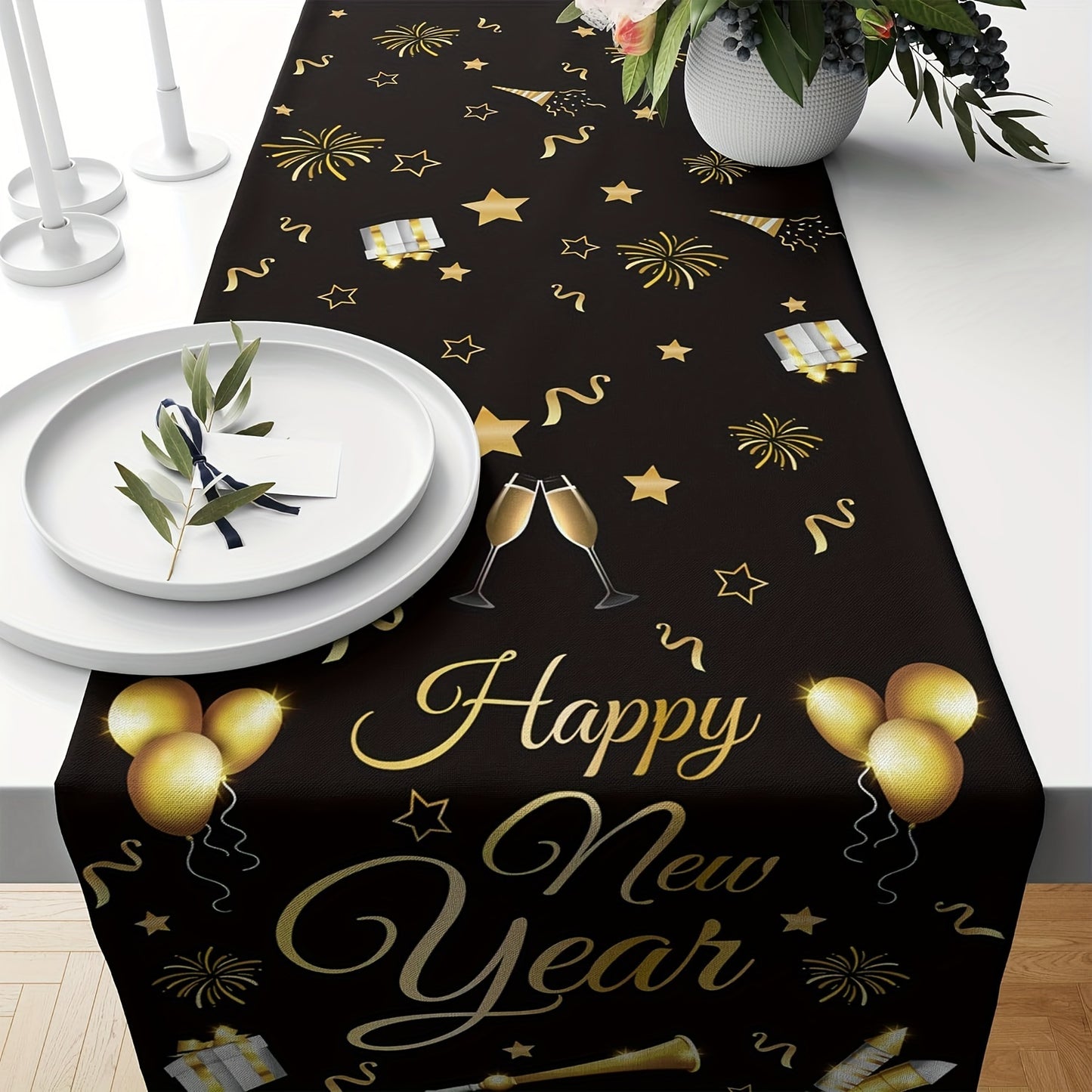 New Year Table Runner Black Gold Party Decor