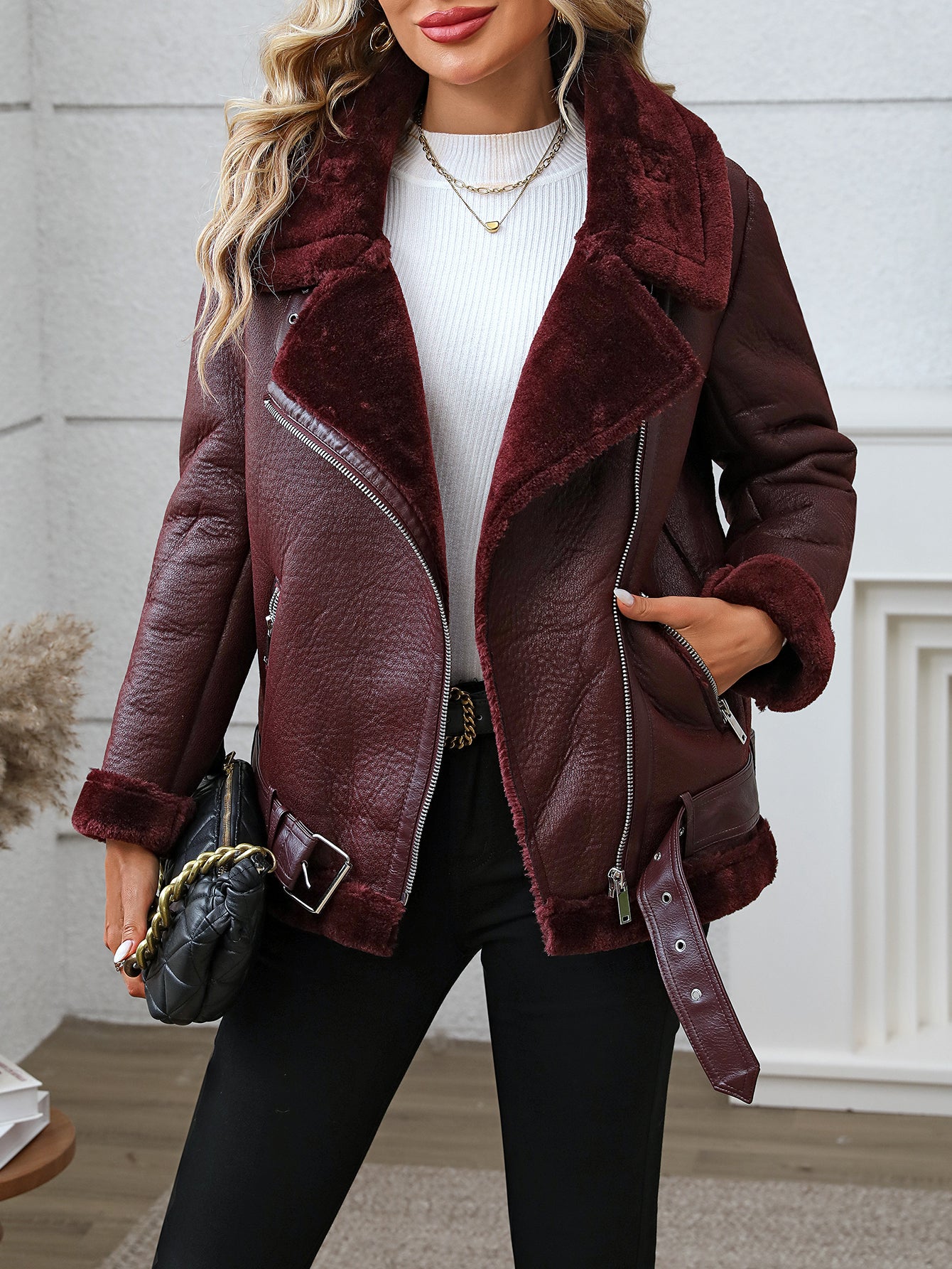 Fitaylor Women's Faux Fur Leather Jacket - Warm Winter Coat