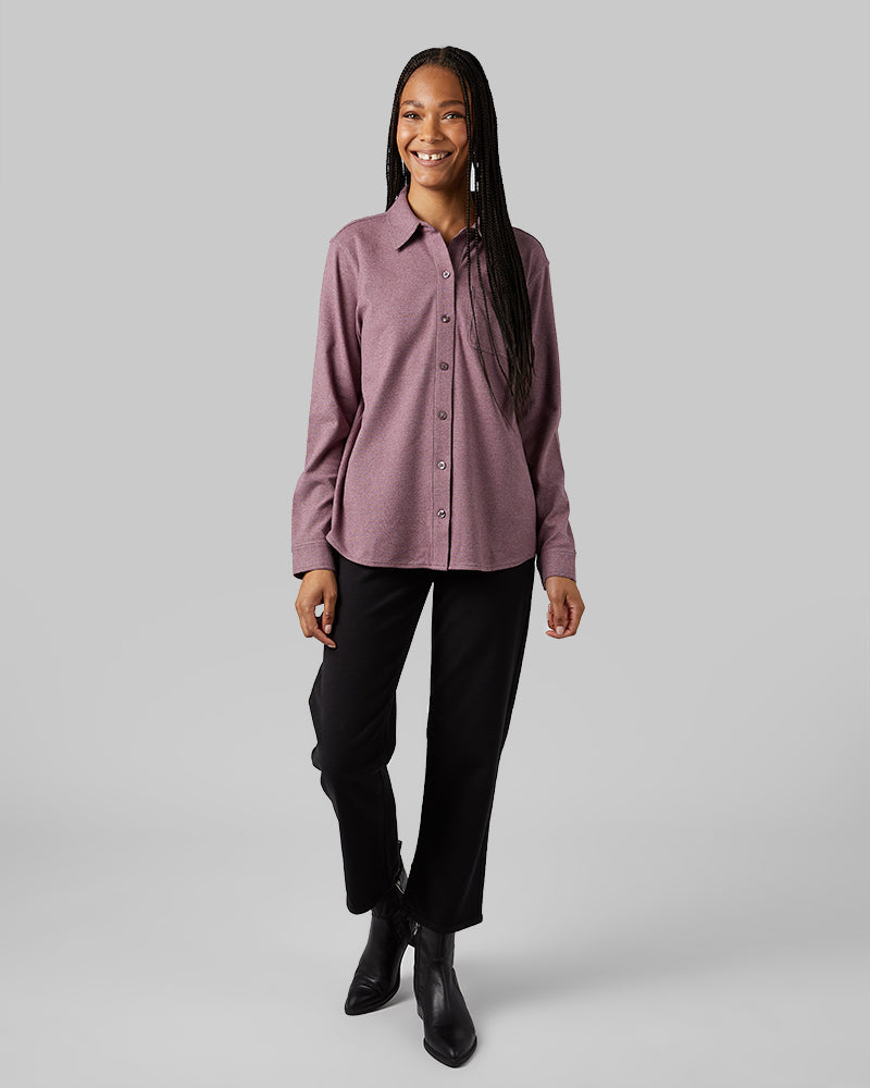 32 Degrees Eggplant Heather _ Women's soft stretch Knit Long sleeve Button-Up {model: Dido is 5'9"and size 4 wearing size S}{bottom}{right} {bottom}{right}