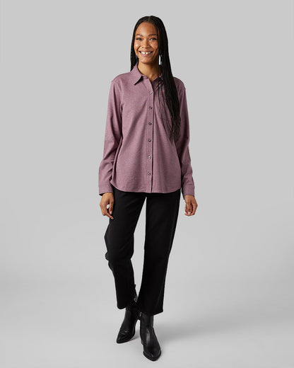 32 Degrees Eggplant Heather _ Women's soft stretch Knit Long sleeve Button-Up {model: Dido is 5'9"and size 4 wearing size S}{bottom}{right} {bottom}{right}