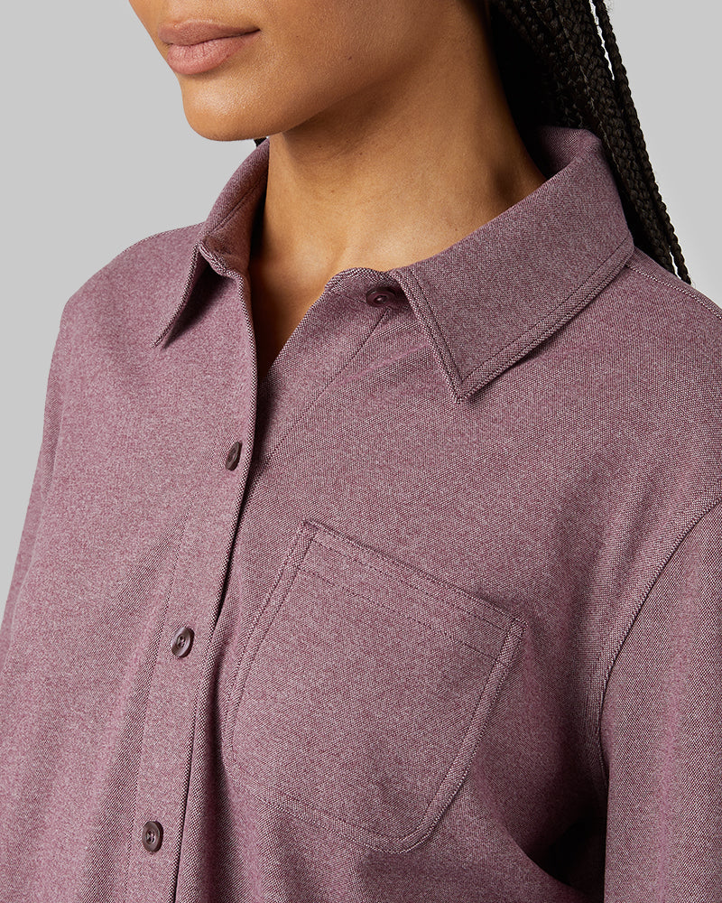 32 Degrees Eggplant Heather _ Women's soft stretch Knit Long sleeve Button-Up {model: Dido is 5'9"and size 4 wearing size S}{bottom}{right} {bottom}{right}