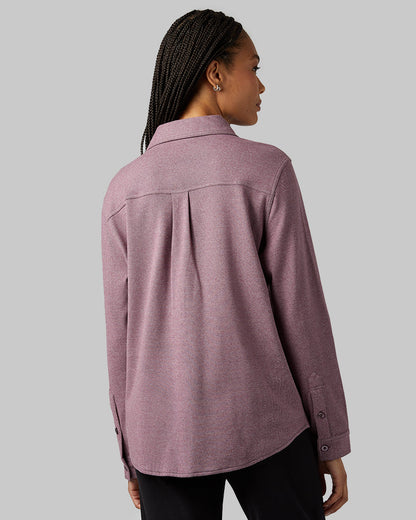 32 Degrees Eggplant Heather _ Women's soft stretch Knit Long sleeve Button-Up {model: Dido is 5'9"and size 4 wearing size S}{bottom}{right} {bottom}{right}