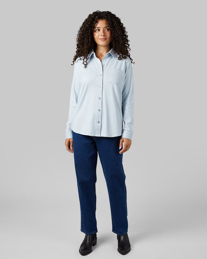 32 Degrees Niagra Mist Heather _ Women's soft stretch Knit Long sleeve Button-Up {model: Gabrielle is 5'8"and size 4 wearing size S}{bottom}{right} {bottom}{right}