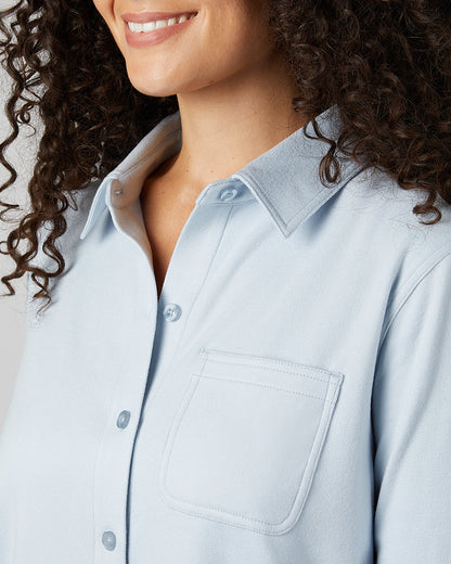 32 Degrees Niagra Mist Heather _ Women's soft stretch Knit Long sleeve Button-Up {model: Gabrielle is 5'8"and size 4 wearing size S}{bottom}{right} {bottom}{right}