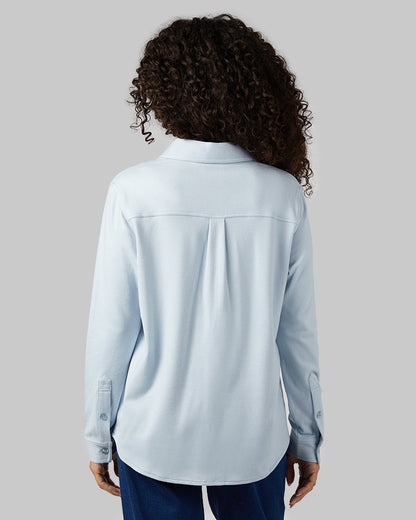 32 Degrees Niagra Mist Heather _ Women's soft stretch Knit Long sleeve Button-Up {model: Gabrielle is 5'8"and size 4 wearing size S}{bottom}{right} {bottom}{right}