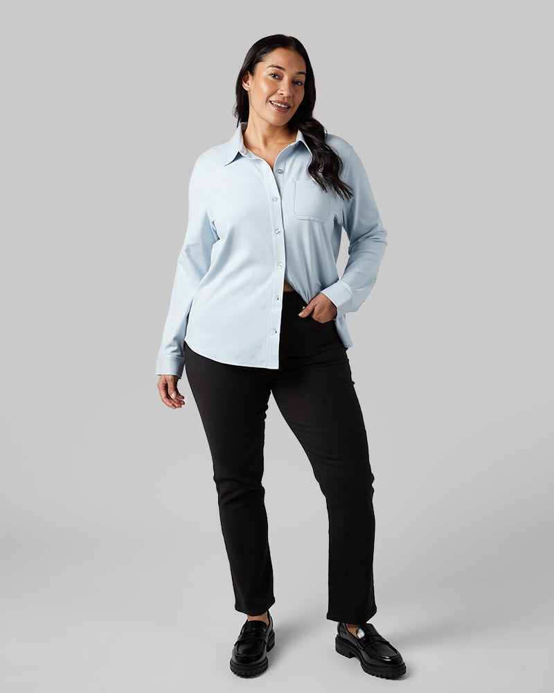 32 Degrees Niagra Mist Heather _ Women's soft stretch Knit Long sleeve Button-Up {model: Amanda is 5'8"and size 14 wearing size L}{bottom}{right} {bottom}{right}
