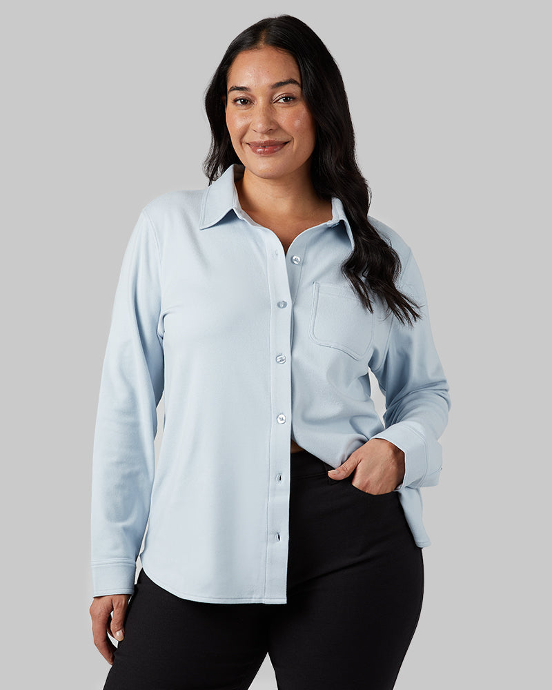 32 Degrees Niagra Mist Heather _ Women's soft stretch Knit Long sleeve Button-Up {model: Amanda is 5'8"and size 14 wearing size L}{bottom}{right} {bottom}{right}