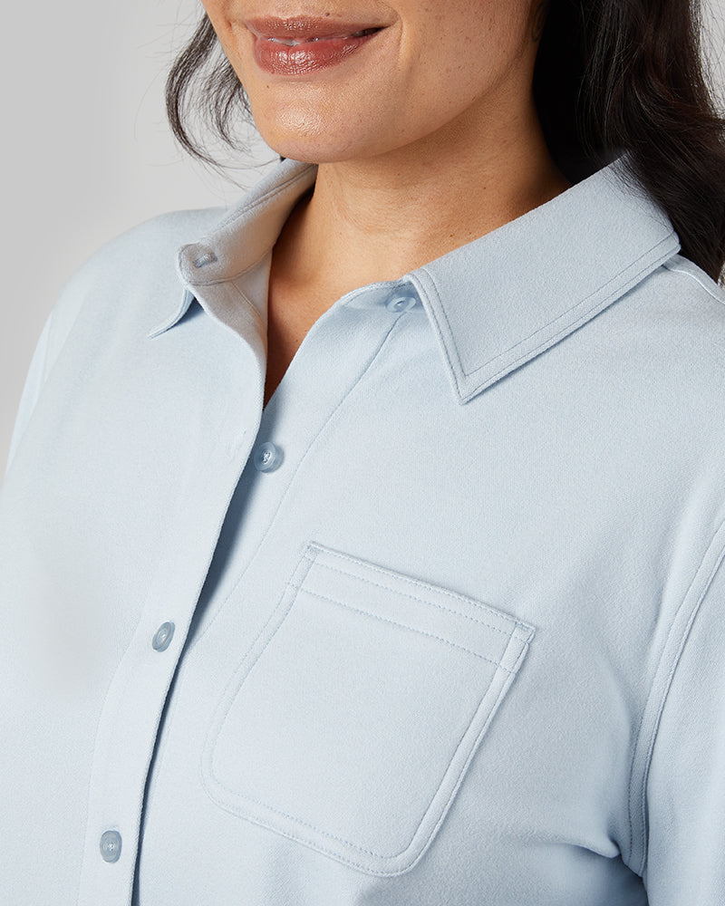 32 Degrees Niagra Mist Heather _ Women's soft stretch Knit Long sleeve Button-Up {model: Amanda is 5'8"and size 14 wearing size L}{bottom}{right} {bottom}{right}