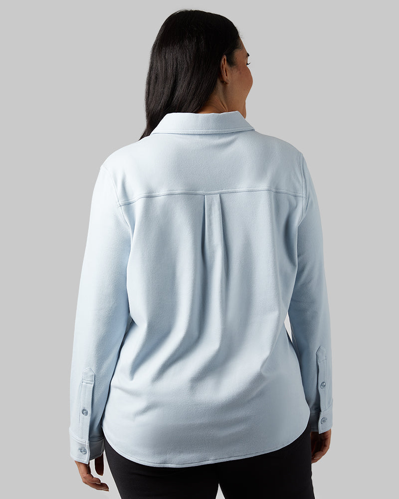 32 Degrees Niagra Mist Heather _ Women's soft stretch Knit Long sleeve Button-Up {model: Amanda is 5'8"and size 14 wearing size L}{bottom}{right} {bottom}{right}