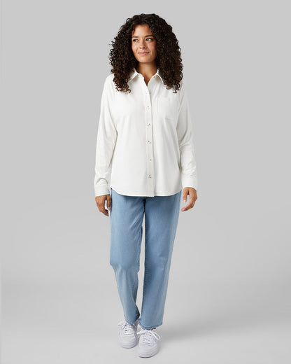 32 Degrees Off White _ Women's soft stretch Knit Long sleeve Button-Up {model: Gabrielle is 5'8"and size 4 wearing size S}{bottom}{right} {bottom}{right}