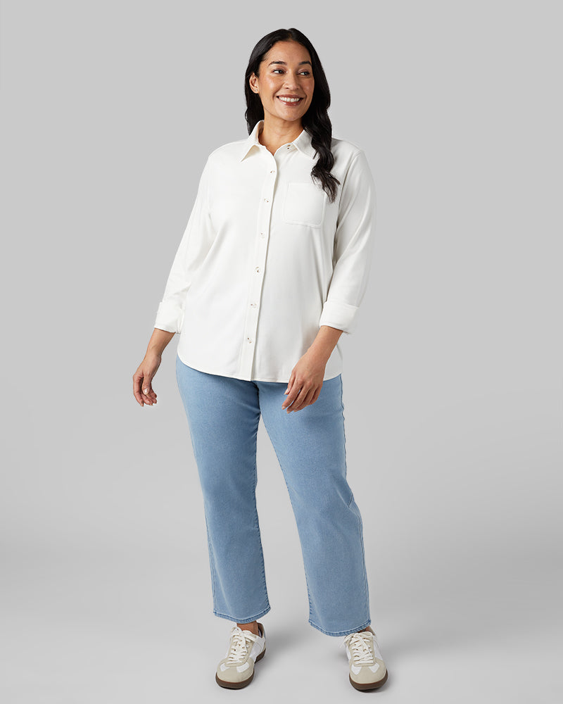 32 Degrees Off White _ Women's soft stretch Knit Long sleeve Button-Up {model: Amanda is 5'8"and size 14 wearing size L}{bottom}{right} {bottom}{right}