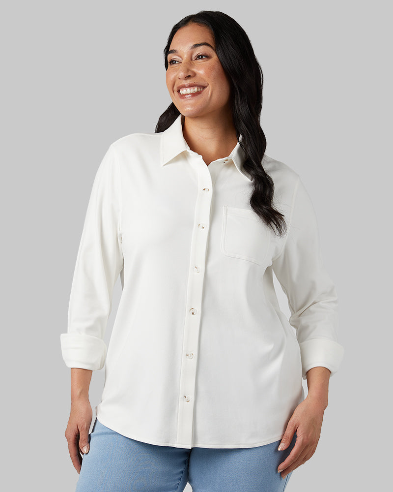 32 Degrees Off White _ Women's soft stretch Knit Long sleeve Button-Up {model: Amanda is 5'8"and size 14 wearing size L}{bottom}{right} {bottom}{right}