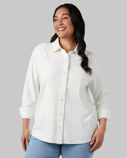 32 Degrees Off White _ Women's soft stretch Knit Long sleeve Button-Up {model: Amanda is 5'8"and size 14 wearing size L}{bottom}{right} {bottom}{right}
