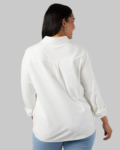 32 Degrees Off White _ Women's soft stretch Knit Long sleeve Button-Up {model: Amanda is 5'8"and size 14 wearing size L}{bottom}{right} {bottom}{right}